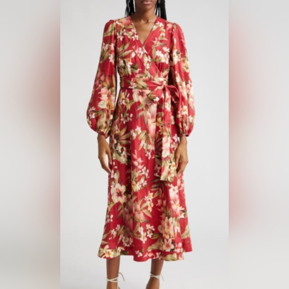Zimmerman Floral Wrap Midi Dress with Balloon Sleeves Size 2 In New Condition